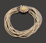 An opal, diamond-set and seed pearl multi strand bracelet