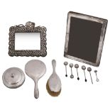 A three piece George V silver dressing table set, other items