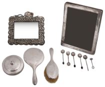 A three piece George V silver dressing table set, other items