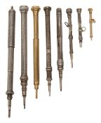 Eight Victorian and later silver and plated propelling pencils