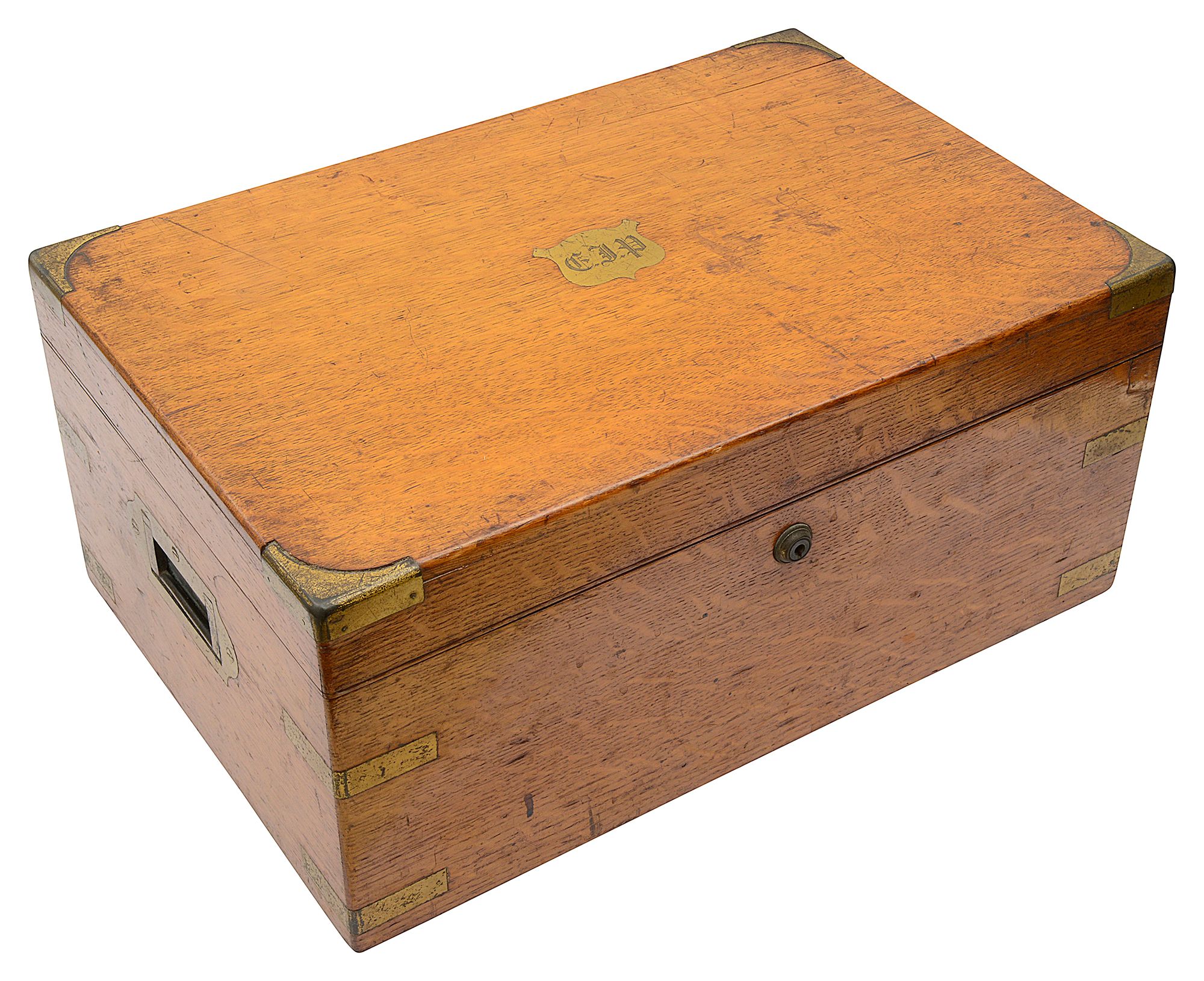 A late Victorian brass bound oak cigar humidor