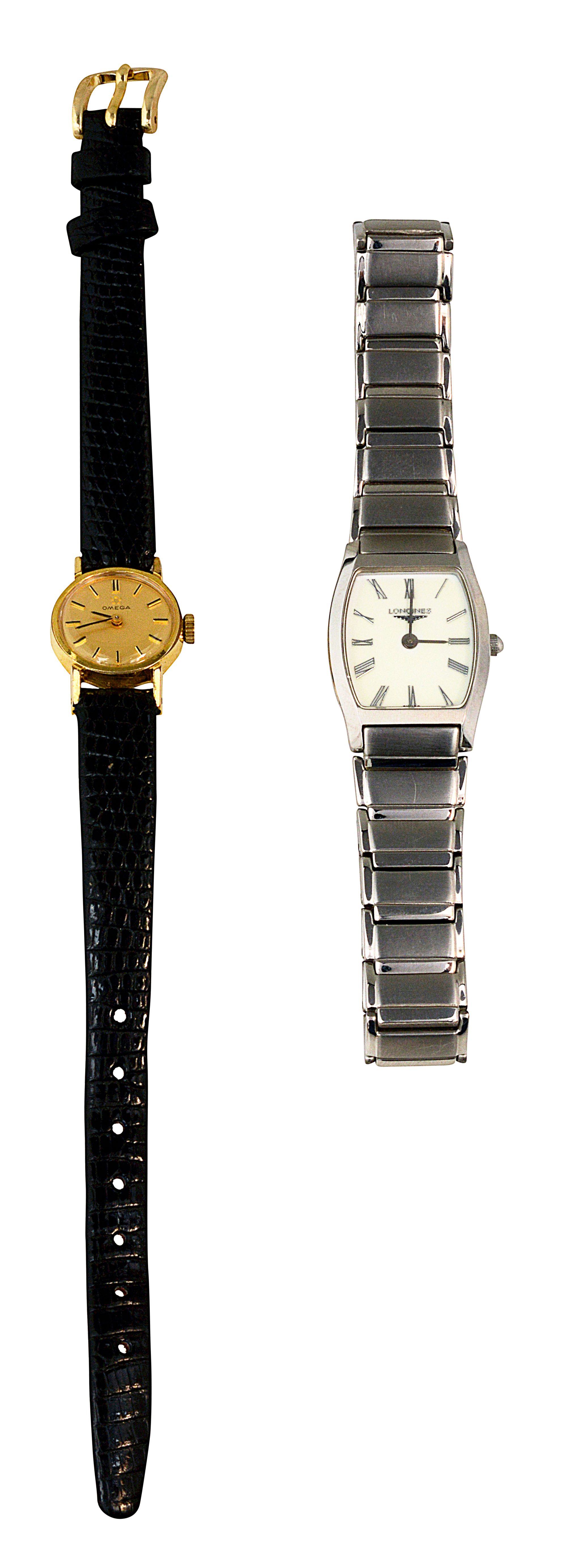 A gold plated Omega and a stainless steel Longines