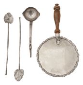 A Mexican silver silent butler crumb pan, a sauce ladle, etc.