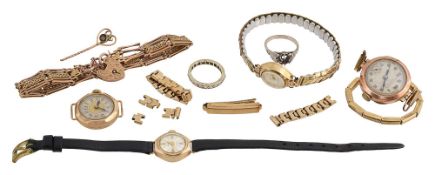 A group of 9ct gold wristwatches and other accessories