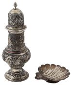 A late Victorian silver sugar caster and a butter shell