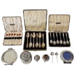 Silver to include a Burmese lidded pot, cased sets of spoons and other items