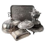 A large Victorian electroplated meat dome and other silver plated items