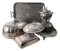 A large Victorian electroplated meat dome and other silver plated items