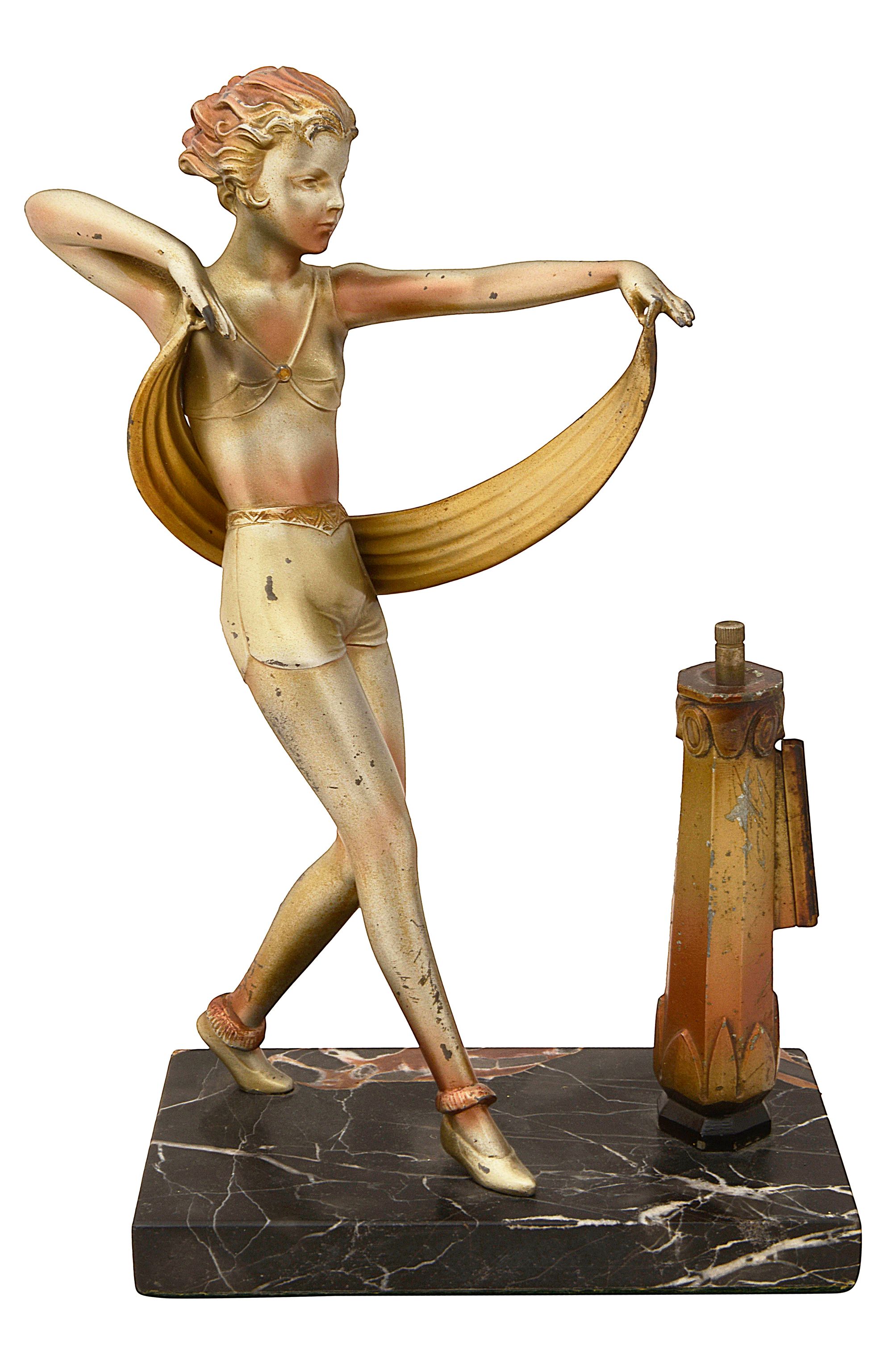 After Josef Lorenzl (1892-1950) an Art Deco painted spelter figural table lighter