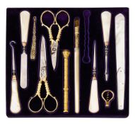 A Victorian fitted tray of tools from a dressing box retailed by Apsrey
