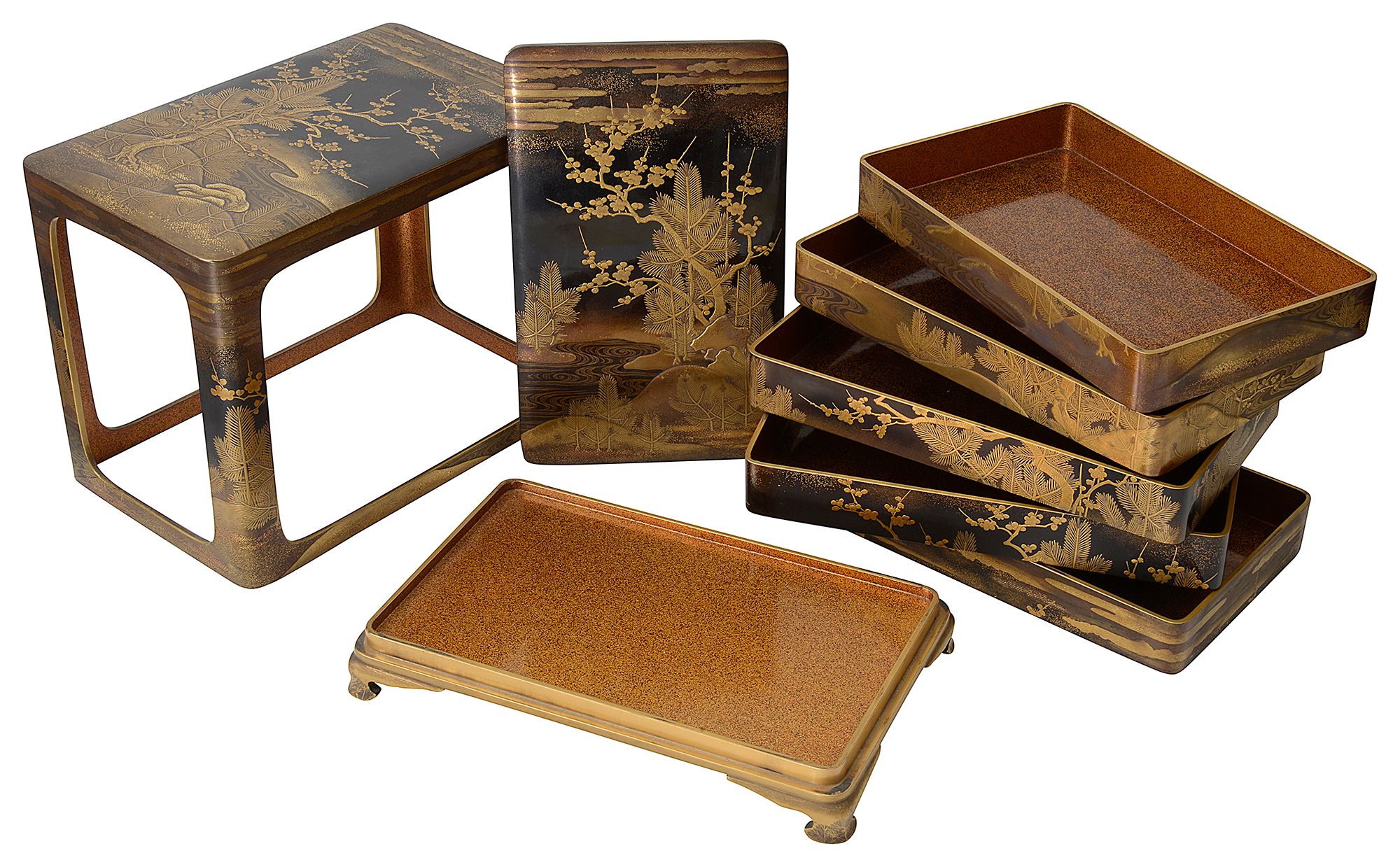 A 19th C Japanese lacquer (Ju-Kobako) four tiered box, cover and stand - Image 3 of 7