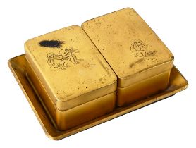 A Japanese Meiji Period pair of gold lacquer boxes and a tray