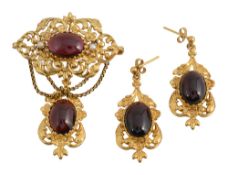 Victorian style garnet brooch and ear pendants