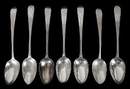 A matched set of seven George III Irish bright cut Celtic Point tablespoons