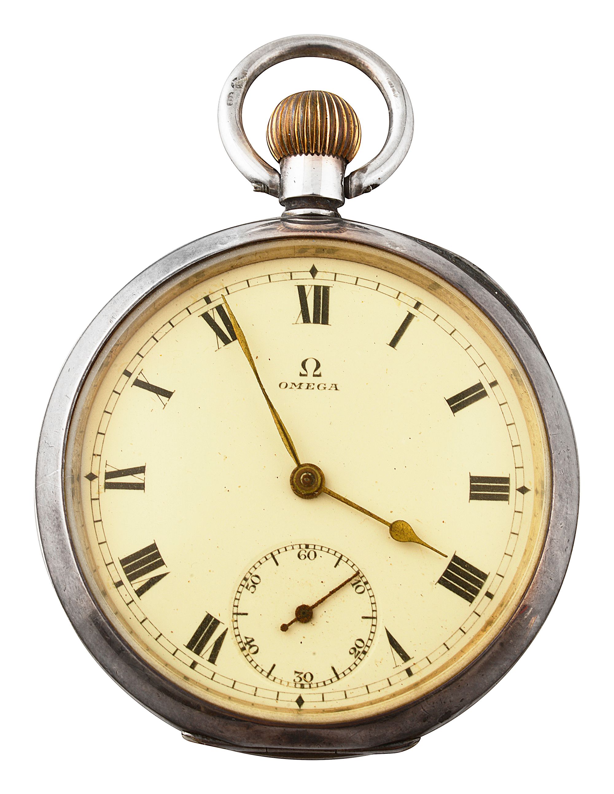 An Omega silver cased open face keyless pocket watch