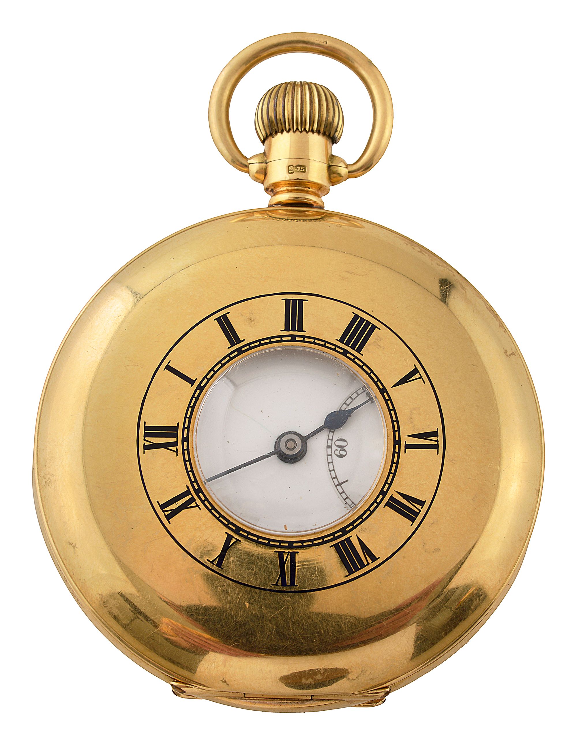 An 18ct gold half hunter keyless pocket watch