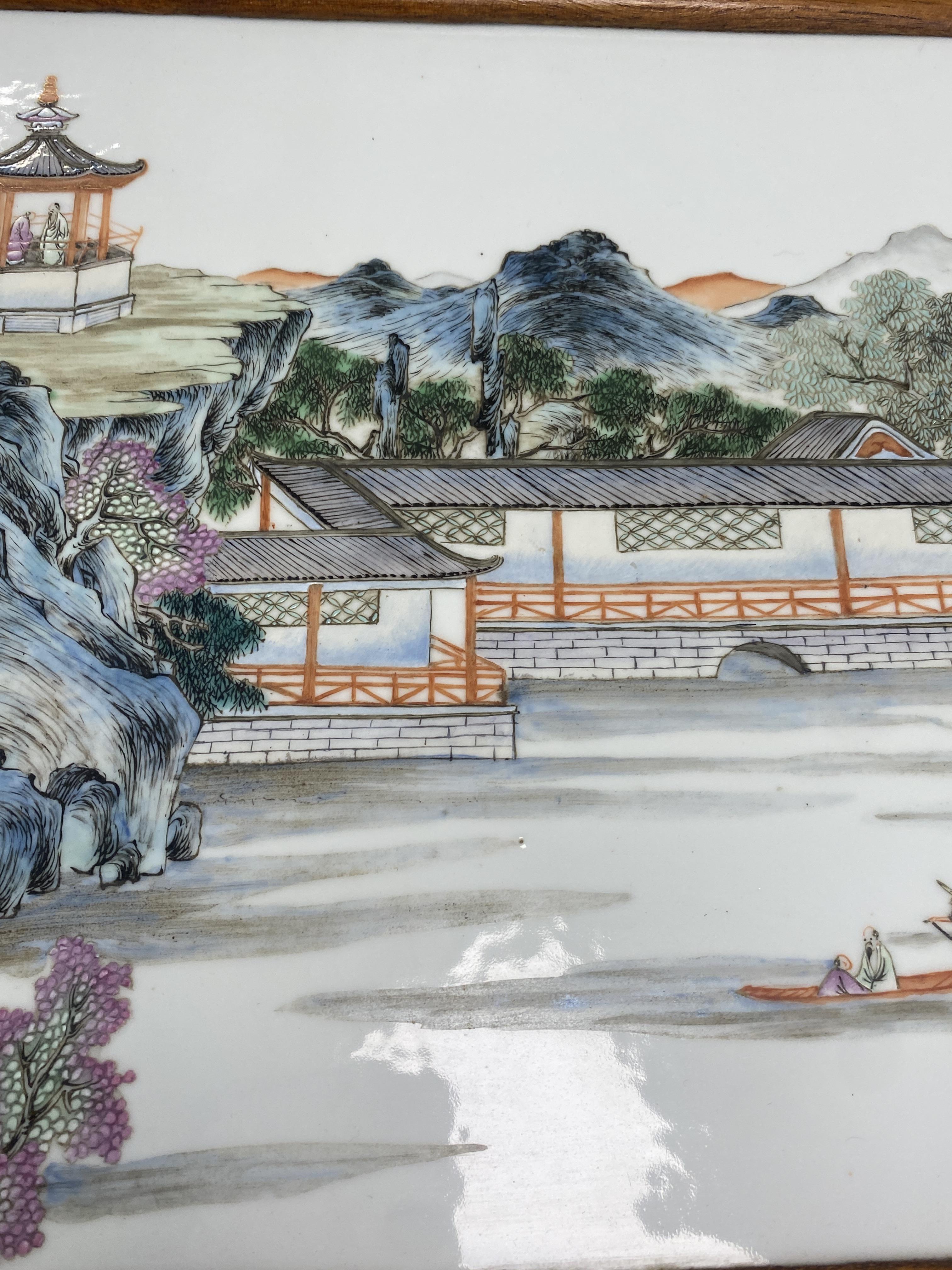 A Chinese famille rose porcelain landscape plaque - Image 7 of 10