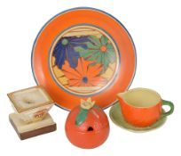 Clarice Cliff Umbrellas and Rain pattern plate, Coral Firs pattern inkwell etc.