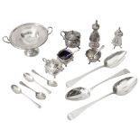 Three George III Old English pattern tablespoons and other silver