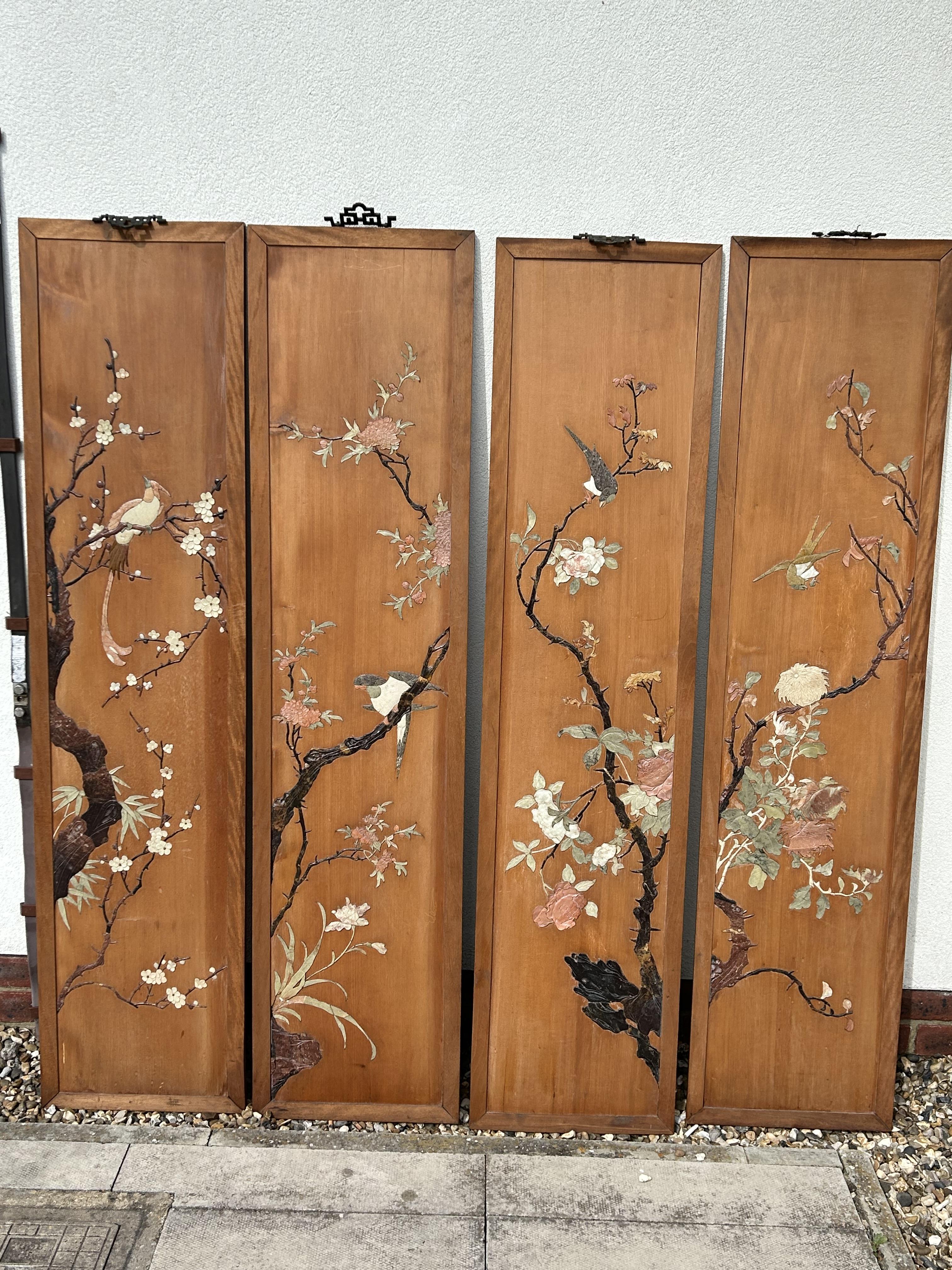 A set of four Chinese carved soapstone inlaid wooden wall panels c.1920 - Image 12 of 12