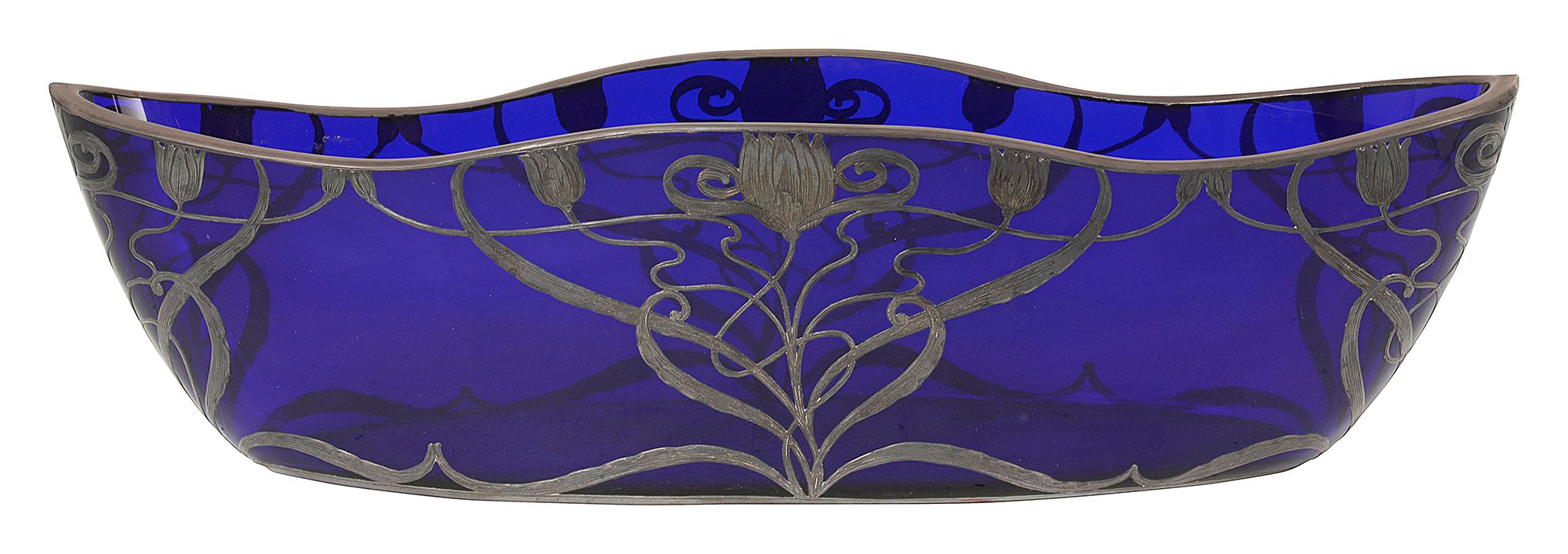 An Art Nouveau silver overlaid cobalt blue glass boat shaped dish