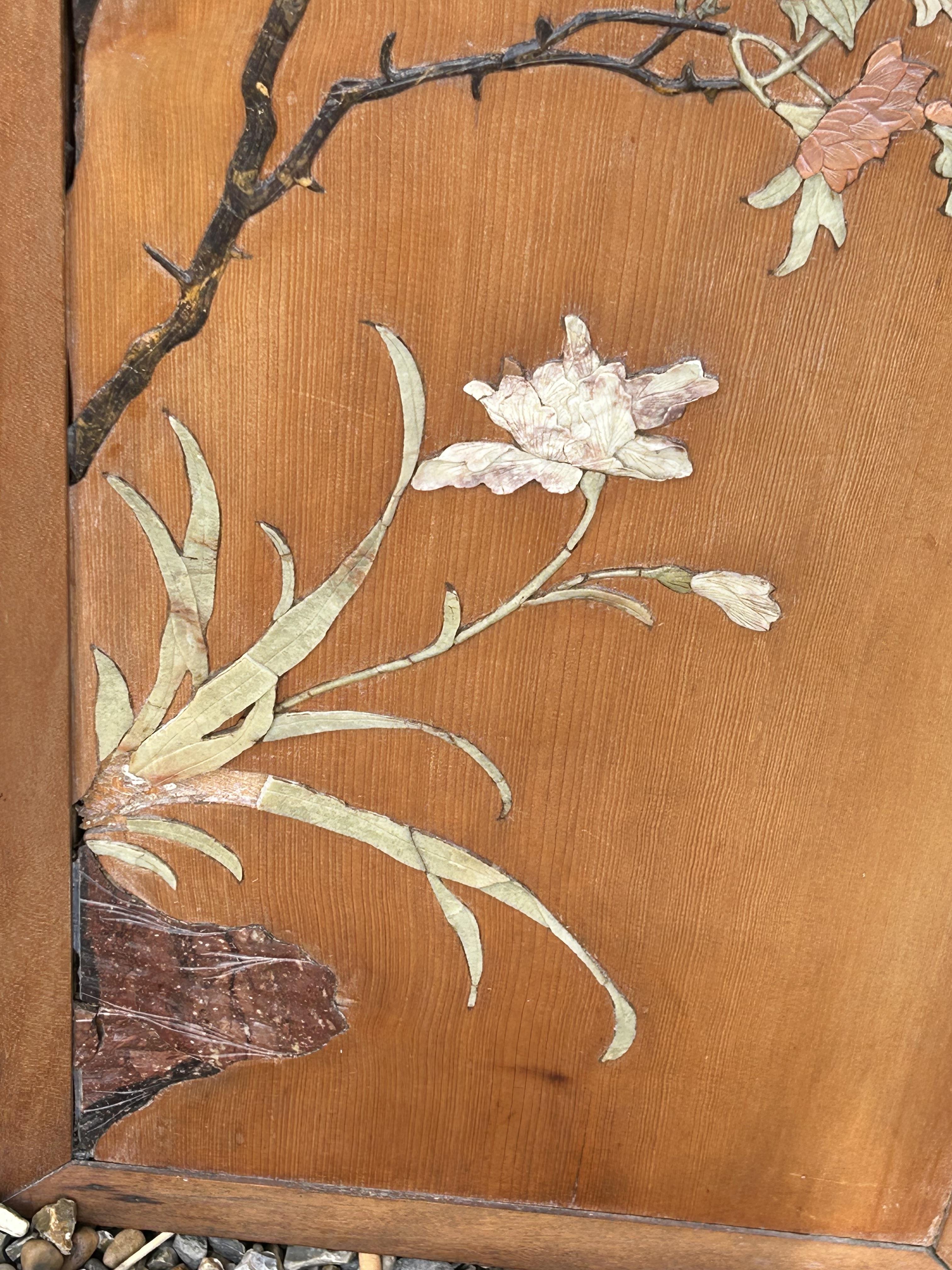 A set of four Chinese carved soapstone inlaid wooden wall panels c.1920 - Image 10 of 12