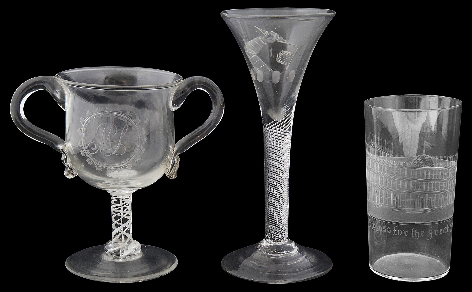 An armorial engraved wine glass c.1760, and two other pieces of glass