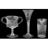 An armorial engraved wine glass c.1760, and two other pieces of glass