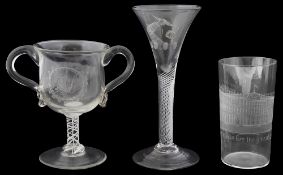 An armorial engraved wine glass c.1760, and two other pieces of glass