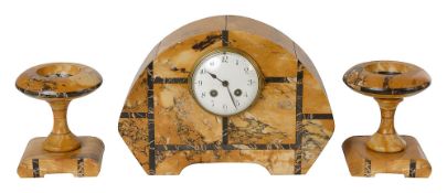 A French Art Deco sienna and black portoro mantle clock garniture