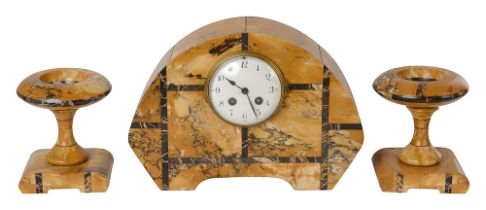 A French Art Deco sienna and black portoro mantle clock garniture