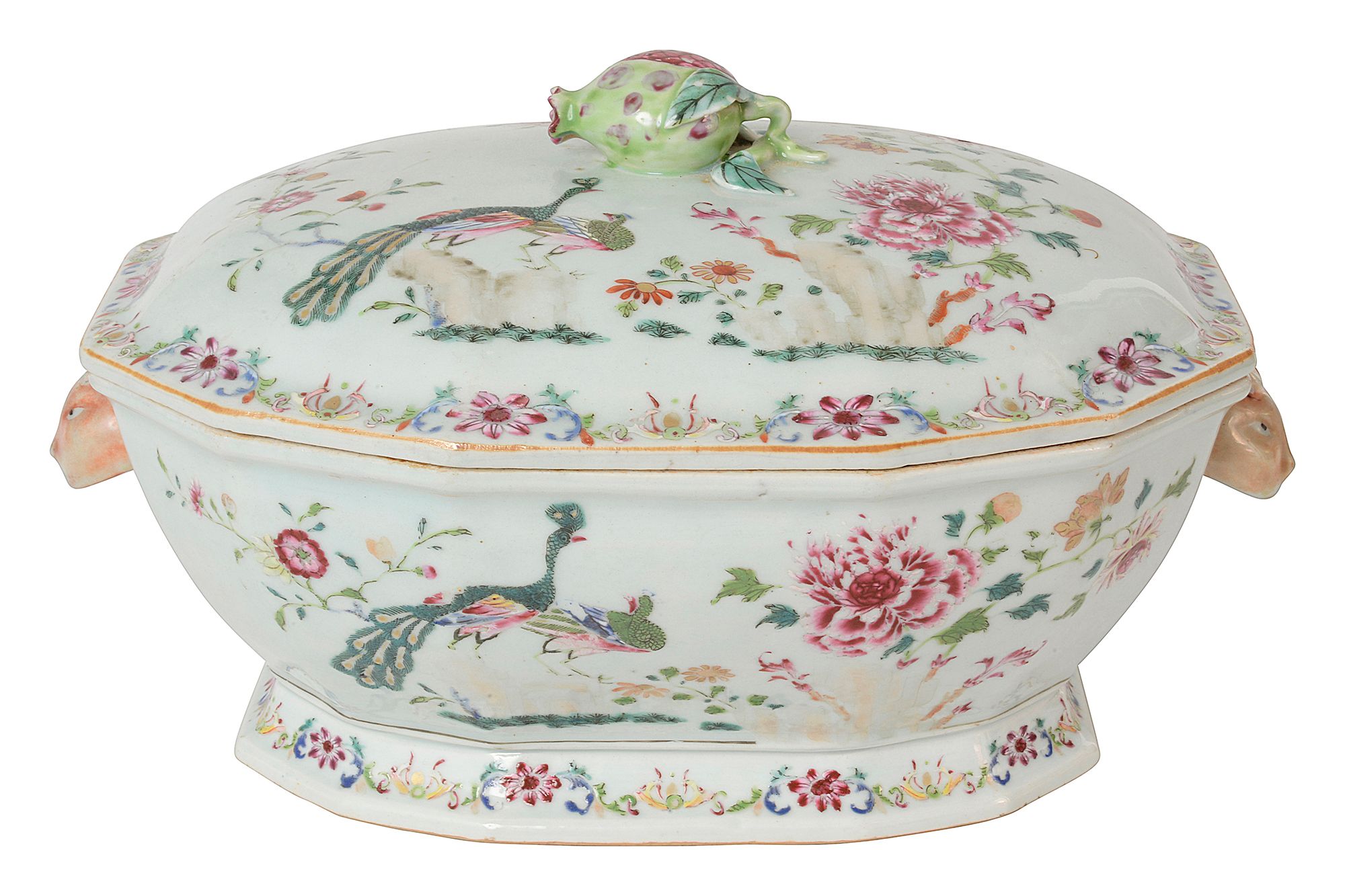 A late 18th century Chinese export famille rose 'double peacock' tureen