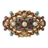 An early/mid 19th century yellow gold, enamel and gem-set brooch