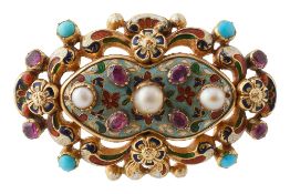 An early/mid 19th century yellow gold, enamel and gem-set brooch