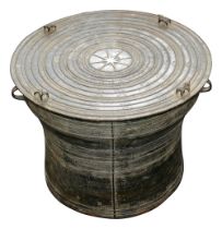 A South East Asian Sino-Shan patinated bronze frog rain drum