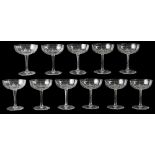 A set of eleven French cut crystal champagne coupes