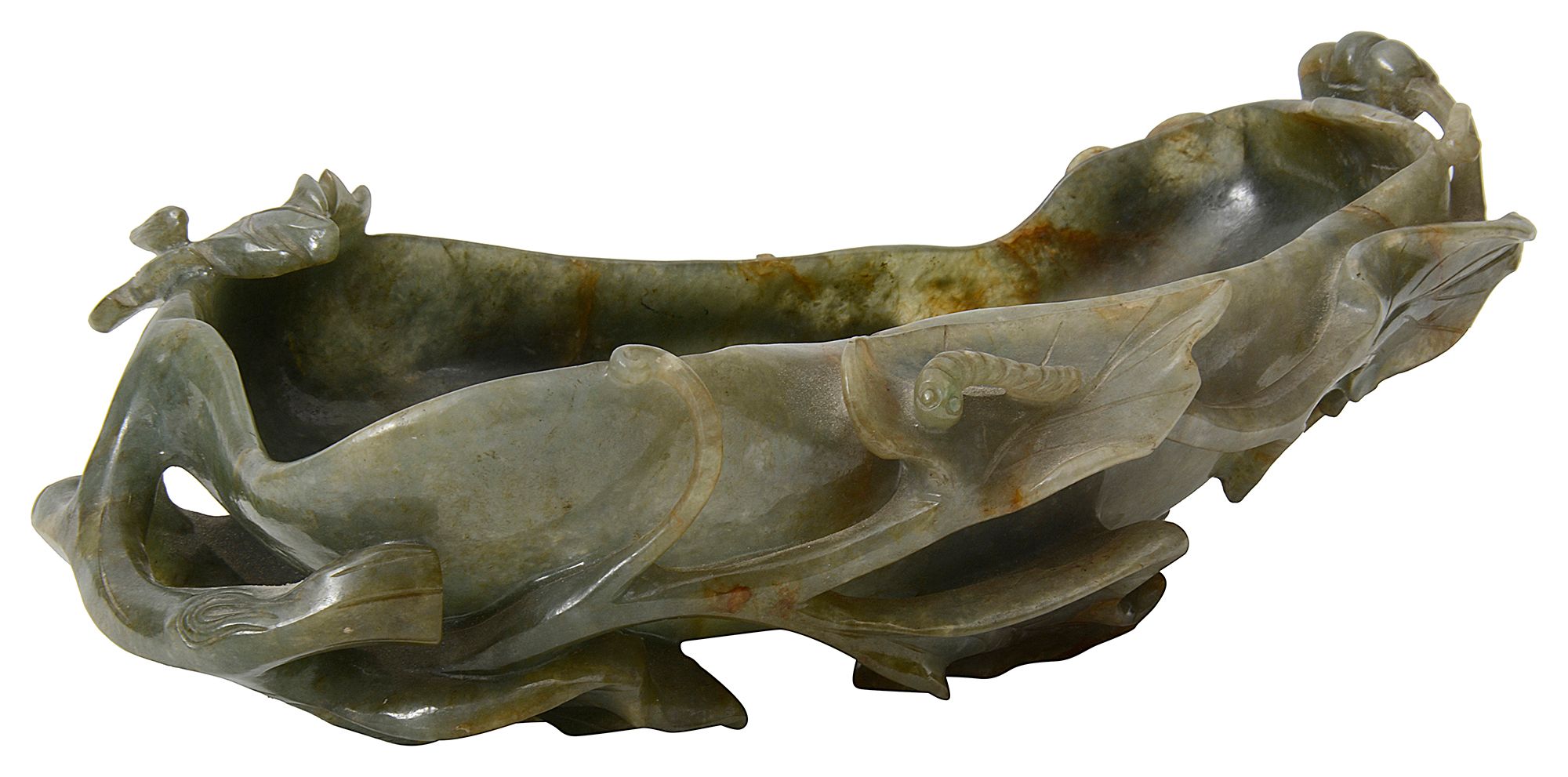 A Chinese dark green mottled jade dish