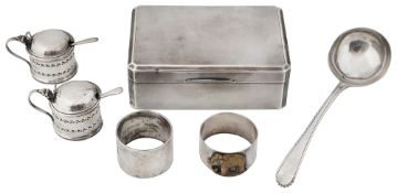 A George V silver engine turned silver table cigarette box and other silver