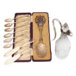 A pair of French rock crystal handled silver butter knives and other silver