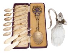 A pair of French rock crystal handled silver butter knives and other silver