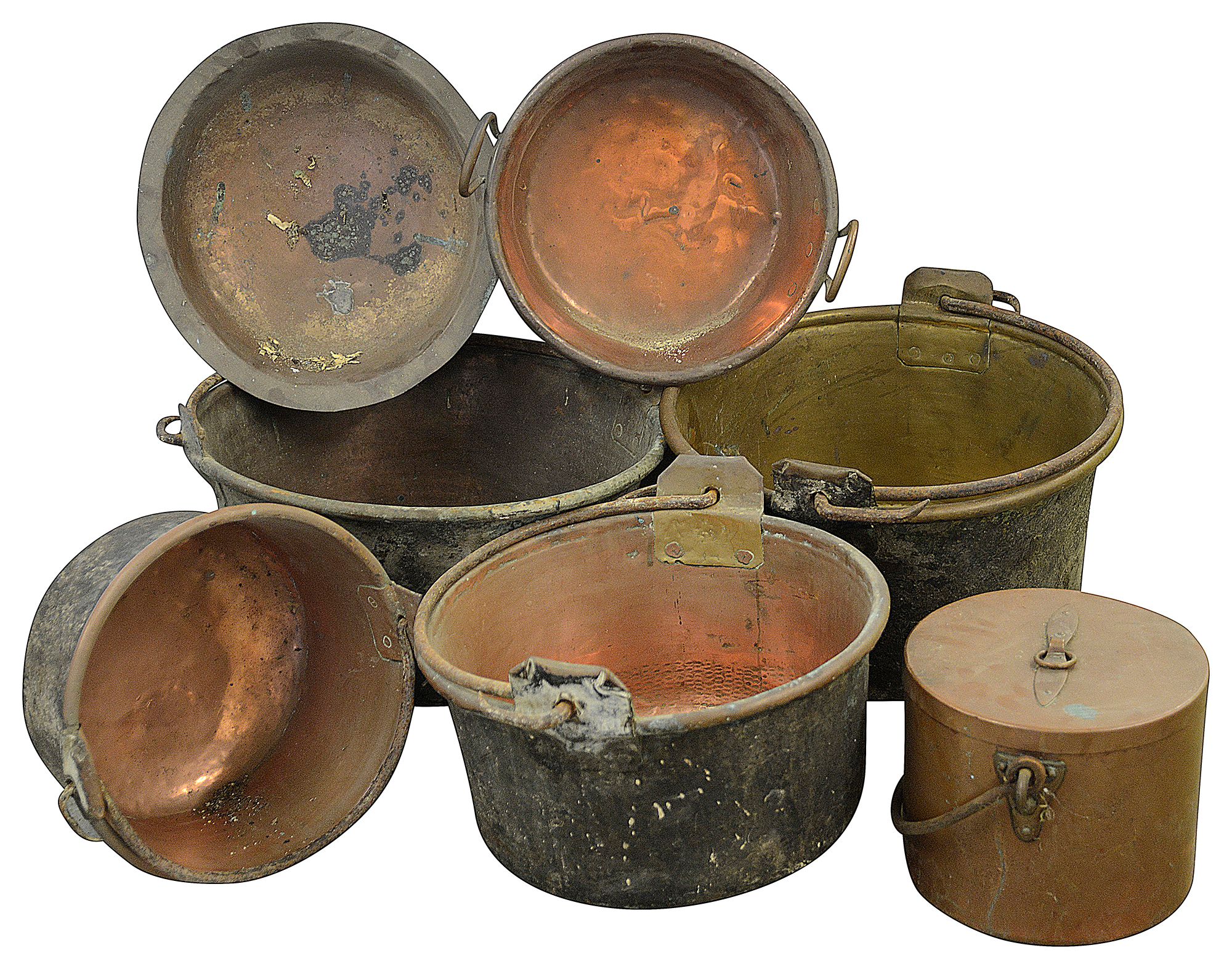 A group of six French copper kitchenware items