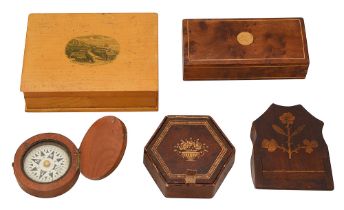 A Victorian Killarney ware pocket watch stand, and four boxes.
