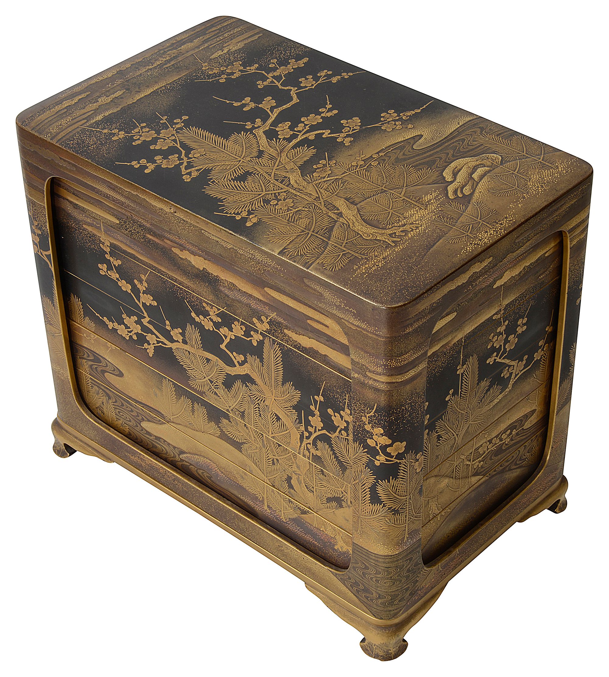 A 19th C Japanese lacquer (Ju-Kobako) four tiered box, cover and stand - Image 7 of 7