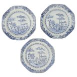 Three 18th century Chinese export blue and white octagonal plates