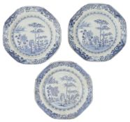 Three 18th century Chinese export blue and white octagonal plates