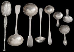 A pair of George IV fiddle pattern sauce ladles, other silver