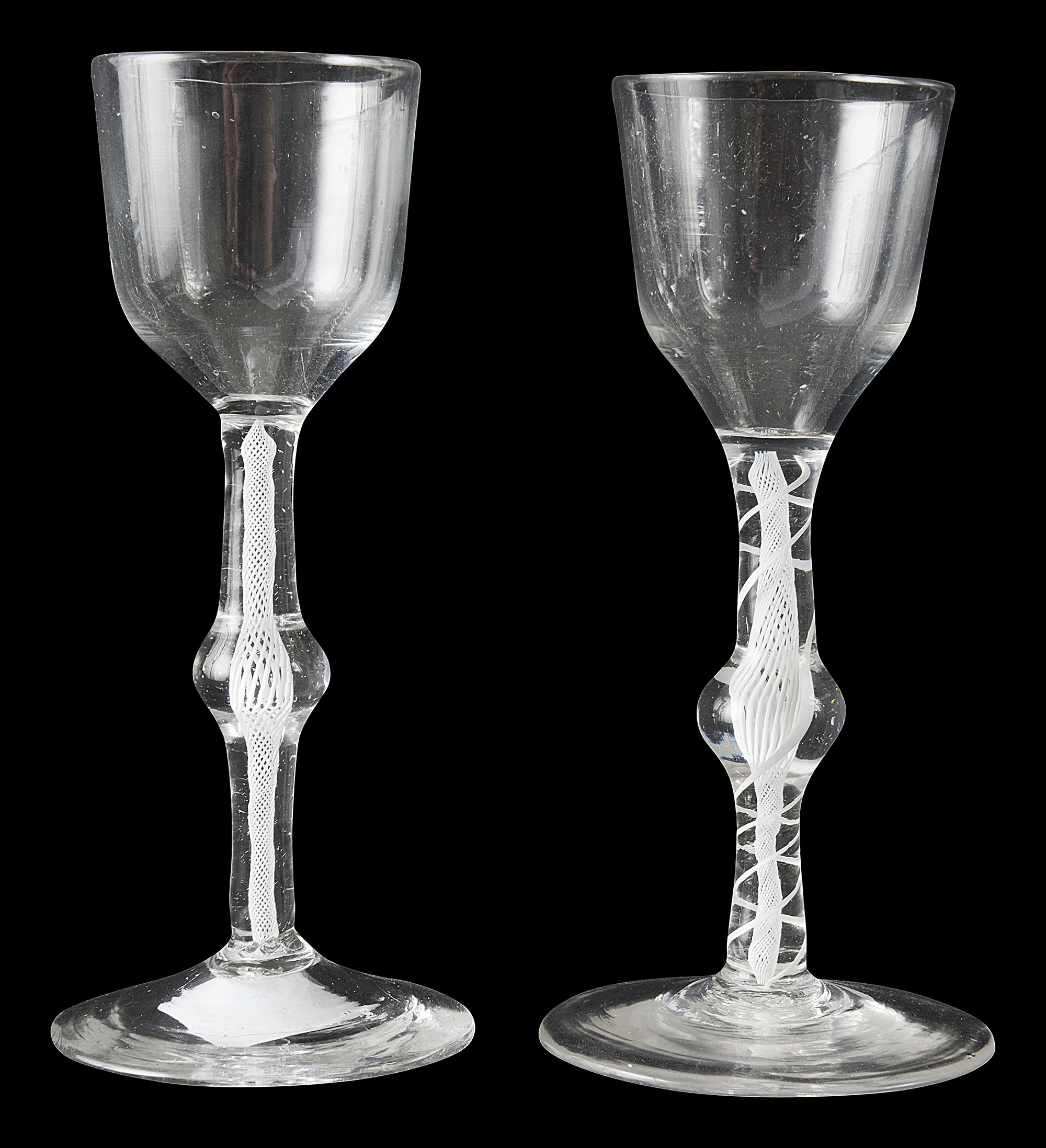 Two 18th century opaque twist wine glasses c.1760