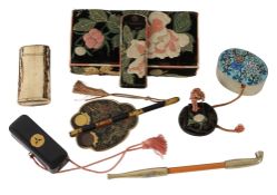 A late 19th Century Japanese embroidered purse (hakoseko) and other items