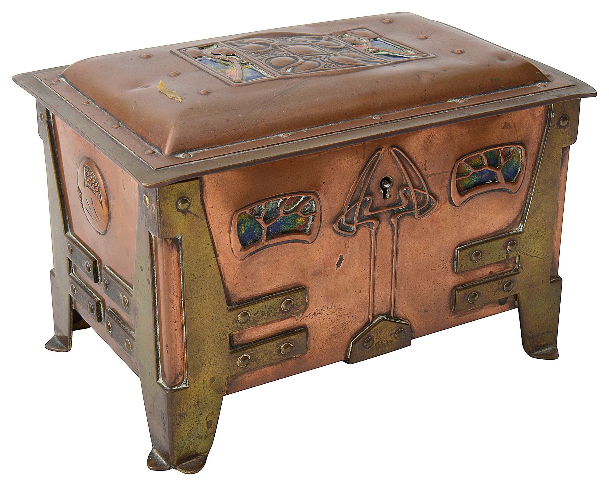 An Austrian Jugendstil Secessionist brass, copper and enamel jewellery casket