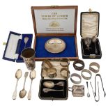 Cased silver christening sets and other silver